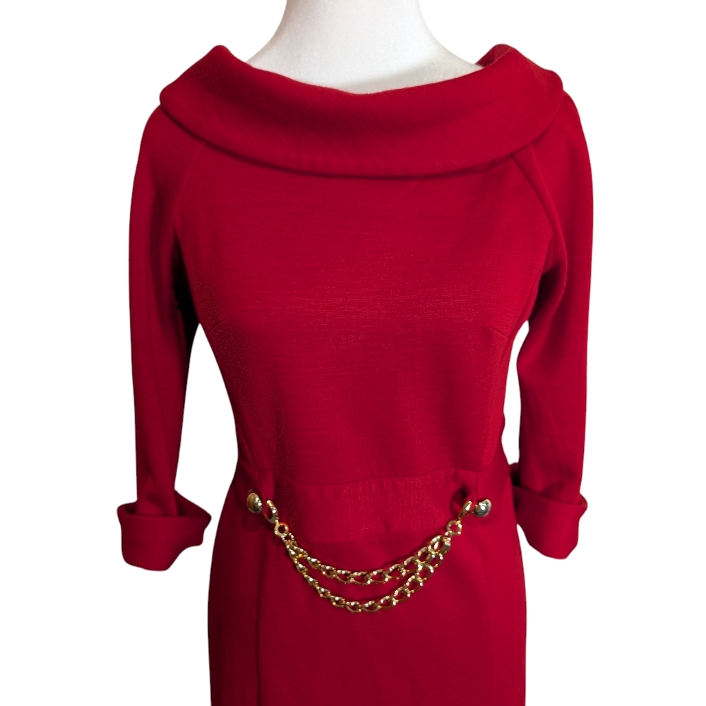 Milly NY Red Wool Sheath Dress Gold Chain Belt Sz M Old Money Classic USA - Picture 3 of 10